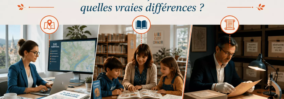 Trois metiers: documentaliste territoriale, bibliothecaire et archiviste